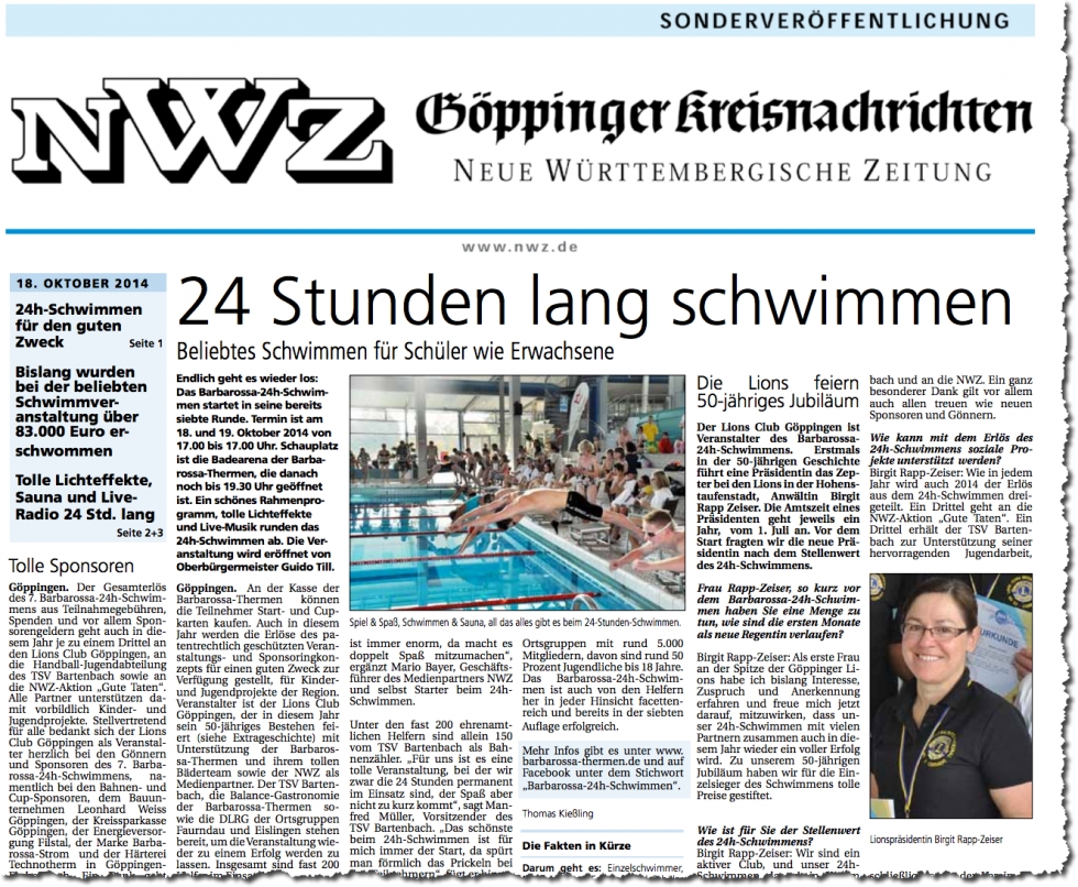 Interview mit der Präsidentin des Lions-Clubs Göppingen, Birgit Rapp-Zeiser, zum Barbarossa 24-Stunden-Schwimmen