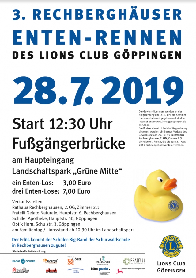 Der Vorverkauf der Entenrennen-Lose hat begonnen! - Sonderverkauf am 5.7.2019 ab 18:30 Uhr beim Städtlesfest in Rechberghausen am Lions-Stand